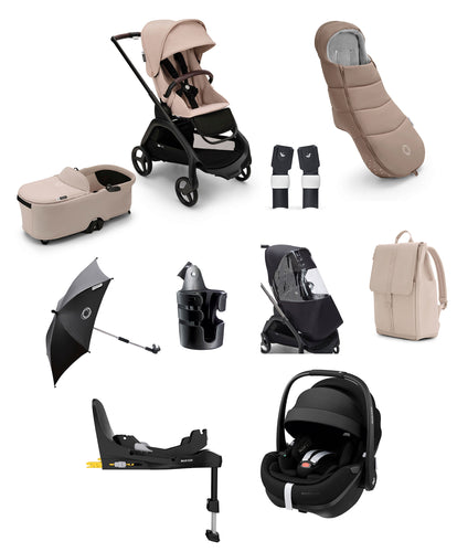 Bugaboo Dragonfly Ultimate 9 Piece Bundle with Maxi-Cosi Pebble 360 Pro² Car Seat & Base - Taupe