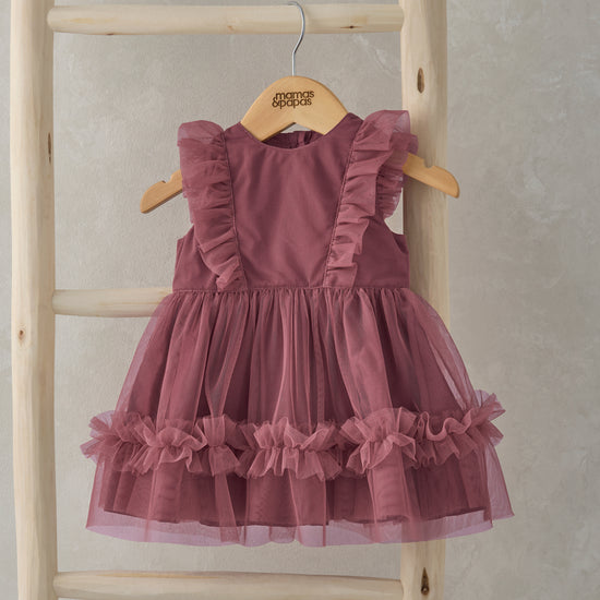 A deep pink ruffled baby dress is hanging from a wooden ladder.