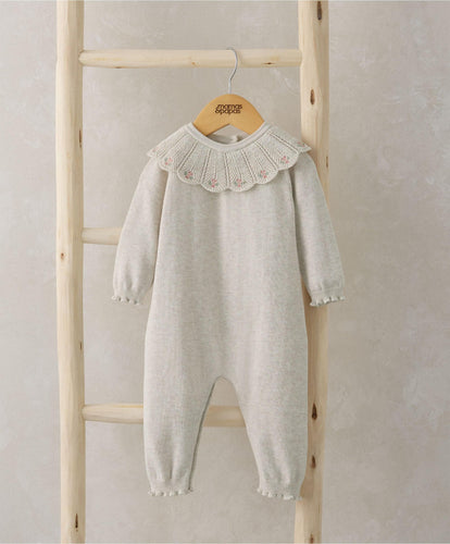 Mamas & Papas Rompers Knitted Scallop Collar Romper - Oatmeal